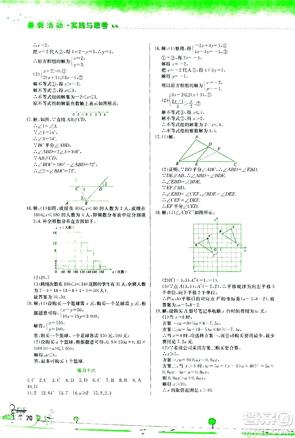 2020年暑假活動實(shí)踐與思考綜合練習(xí)七年級數(shù)學(xué)參考答案