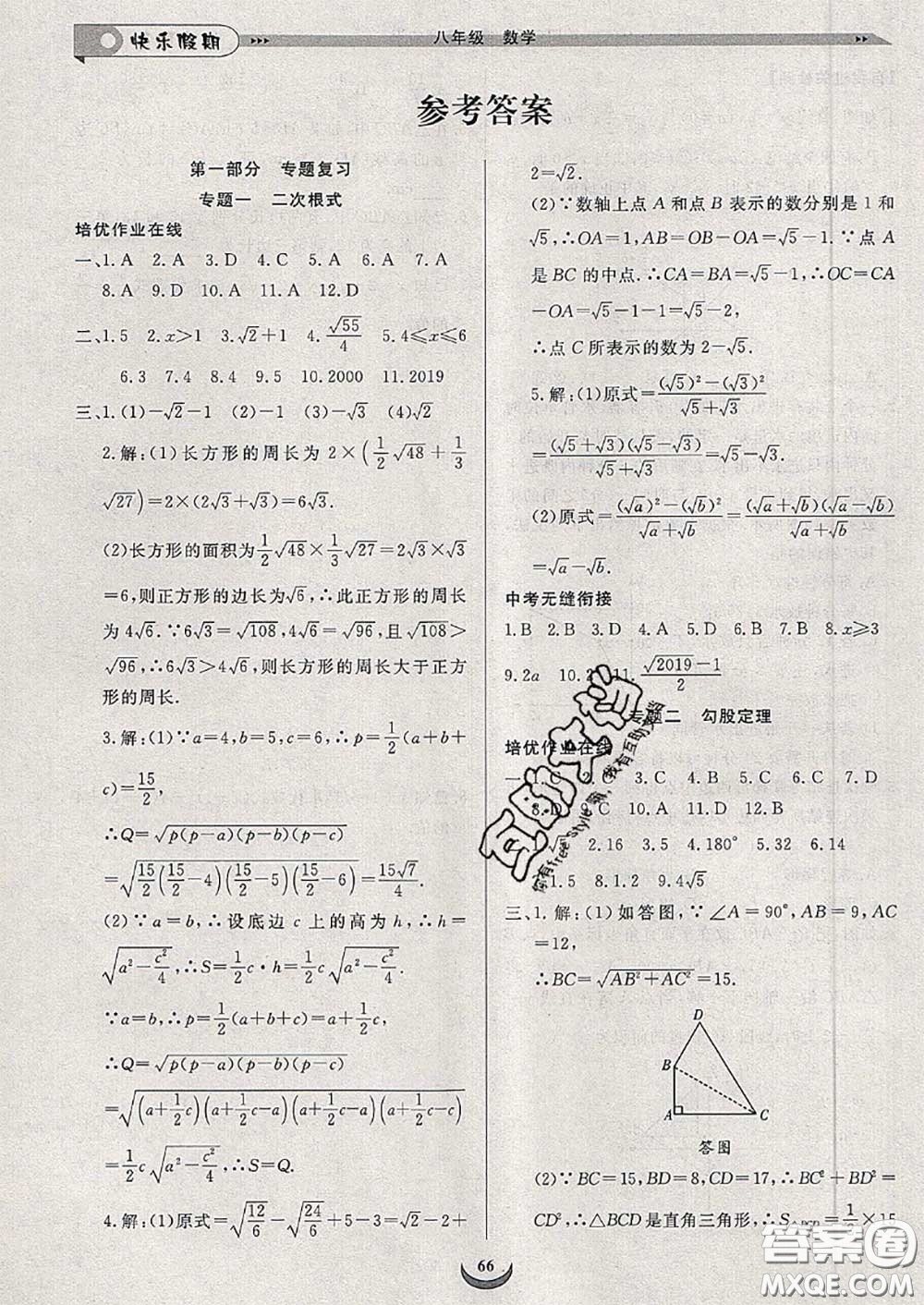 2020年快樂假期走進(jìn)名校培優(yōu)訓(xùn)練銜接教材暑假八升九數(shù)學(xué)答案