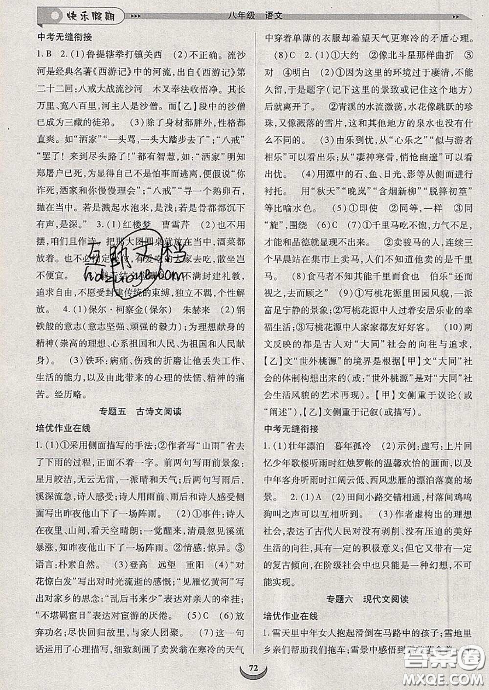 2020年快樂假期走進(jìn)名校培優(yōu)訓(xùn)練銜接教材暑假八升九語(yǔ)文答案