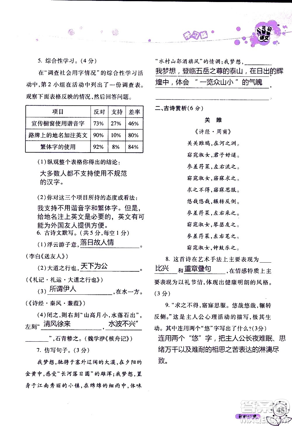 湖南師范大學(xué)出版社2020年暑假學(xué)習(xí)與生活假日知新八年級語文學(xué)習(xí)版參考答案