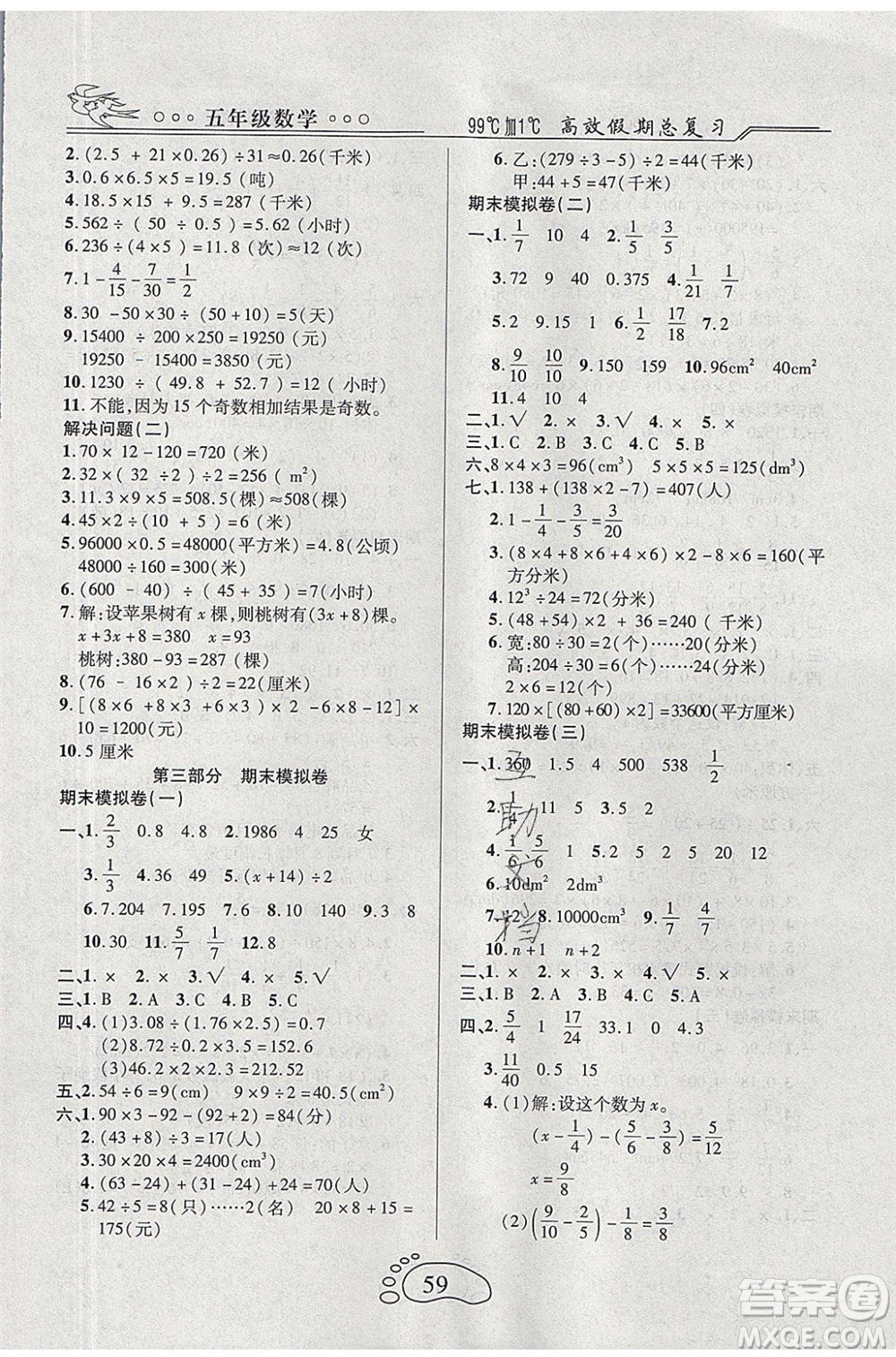 2020年本土教輔贏在暑假高效假期總復(fù)習(xí)五年級(jí)數(shù)學(xué)RJ人教版參考答案