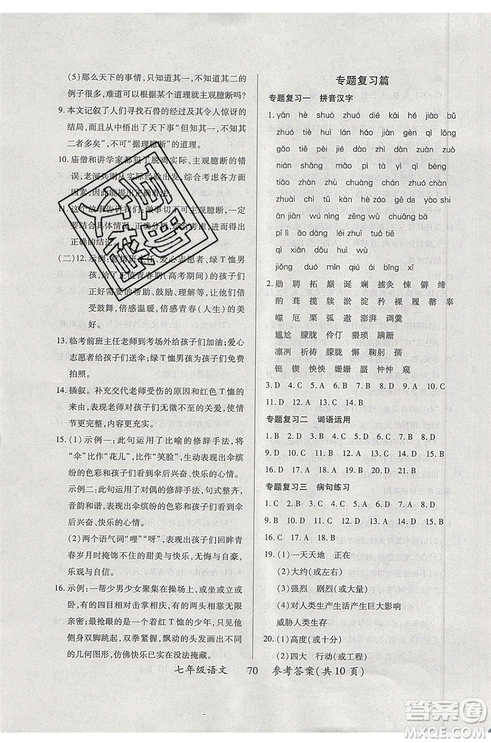 2020年本土教輔贏在暑假高效假期總復(fù)習(xí)七年級(jí)語(yǔ)文RJ人教版參考答案