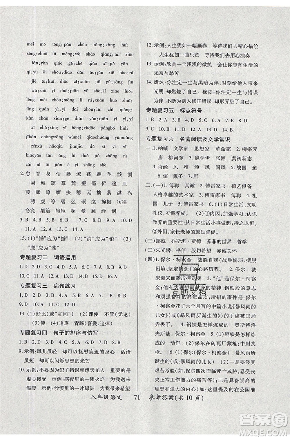 2020年本土教輔贏在暑假高效假期總復(fù)習(xí)八年級(jí)語(yǔ)文人教版參考答案