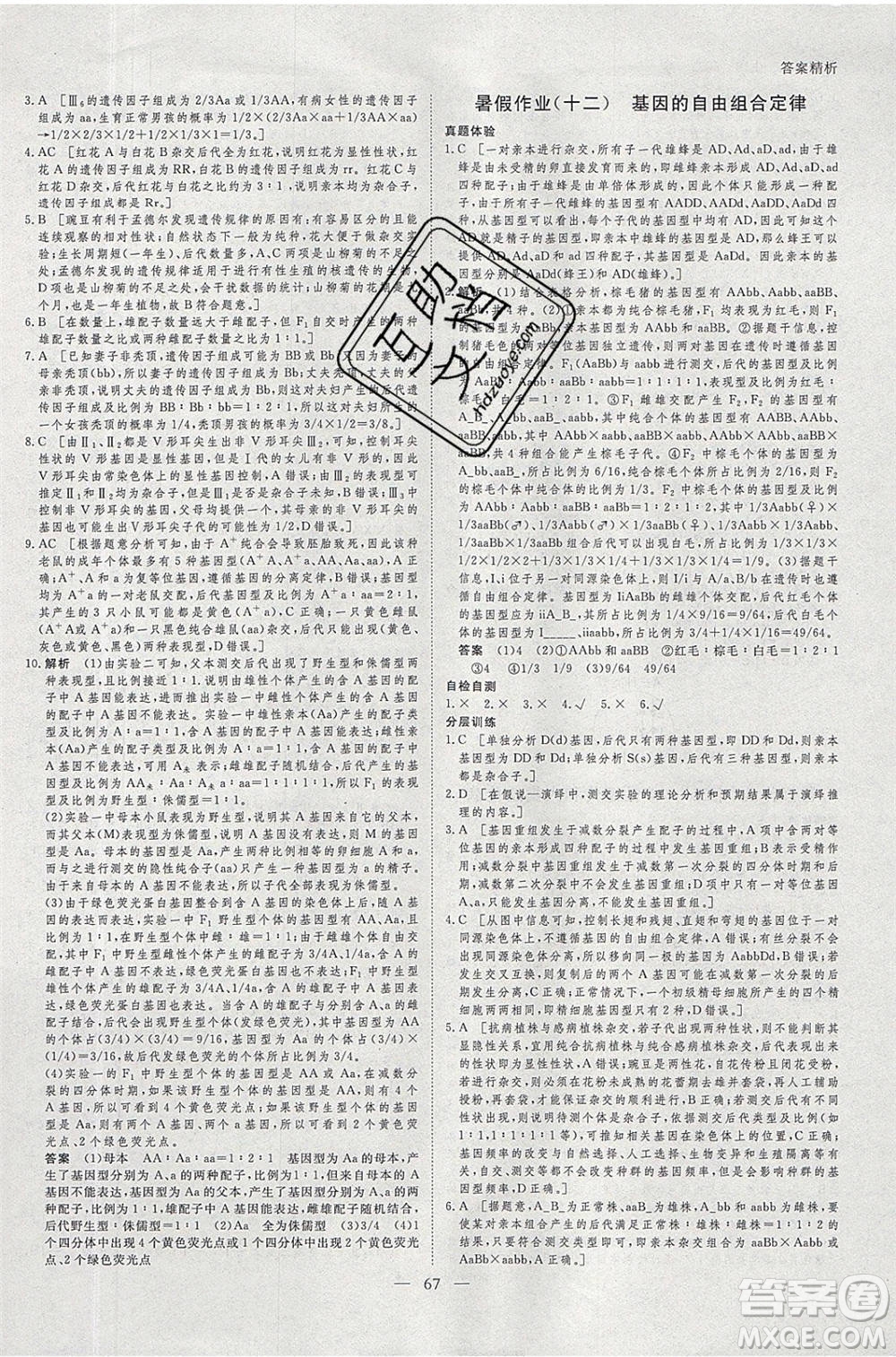 黑龍江教育出版社2020年步步高暑假作業(yè)高二生物江蘇專用參考答案