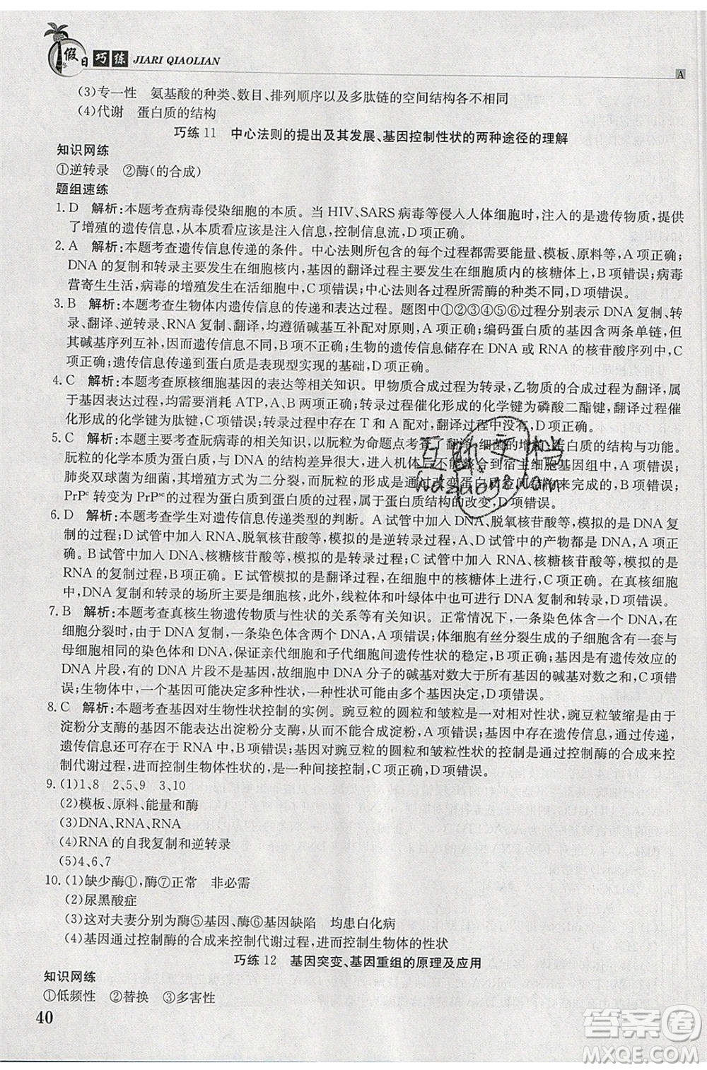 江西高校出版社2020年假日巧練暑假生物必修2人教版參考答案