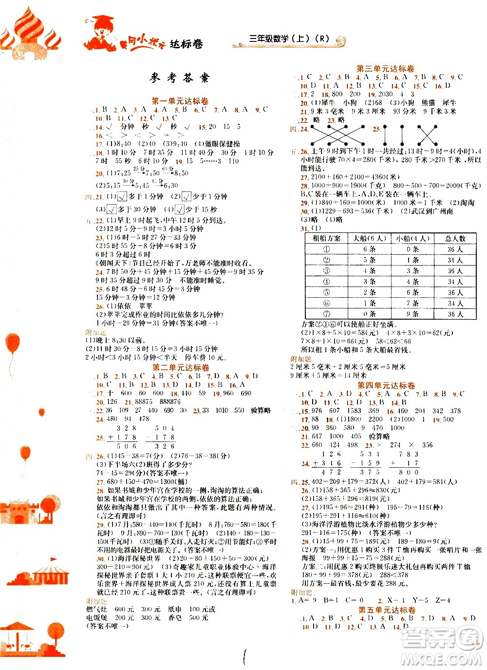 龍門書局2020秋黃岡小狀元達(dá)標(biāo)卷三年級(jí)上冊(cè)數(shù)學(xué)R人教版參考答案