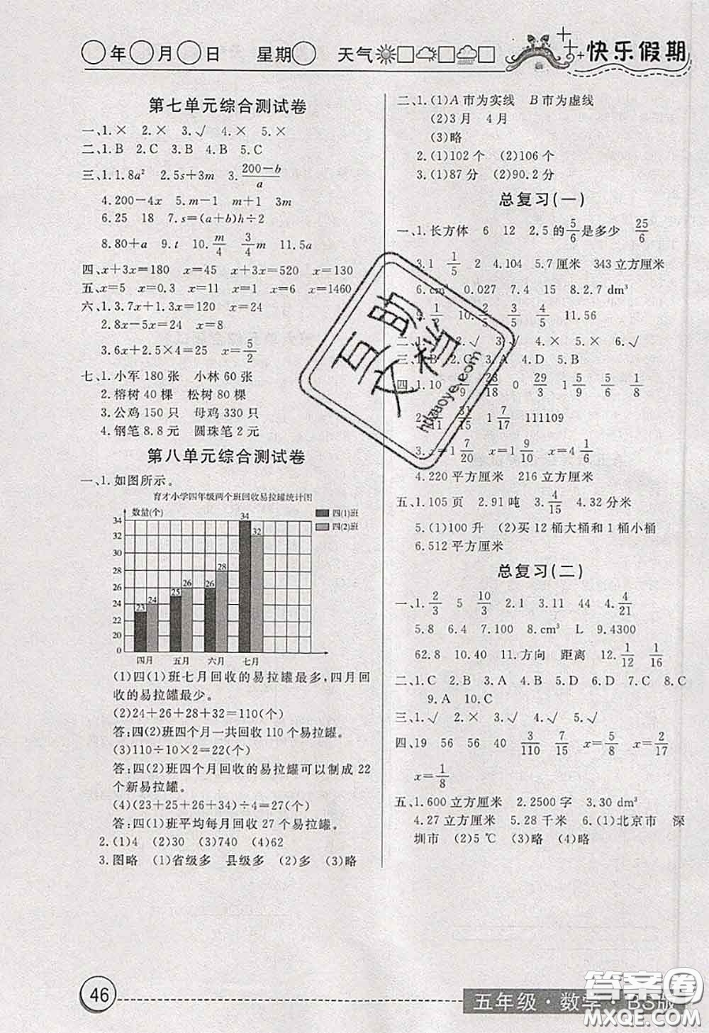 2020年黃岡測試卷系列暑假作業(yè)五年級數(shù)學北師版參考答案