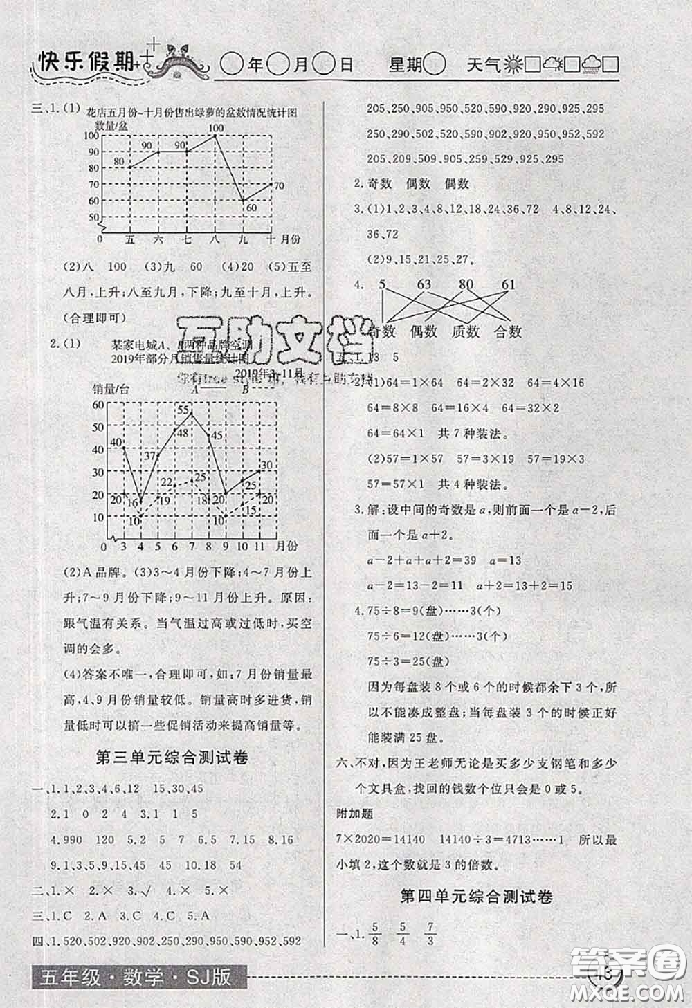 2020年黃岡測試卷系列暑假作業(yè)五年級數(shù)學蘇教版參考答案