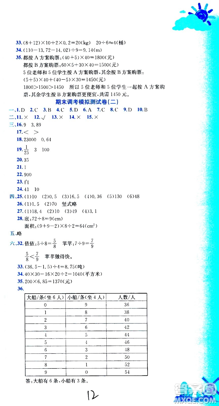 龍門書局2020秋黃岡小狀元達標(biāo)卷五年級數(shù)學(xué)BS北師版參考答案