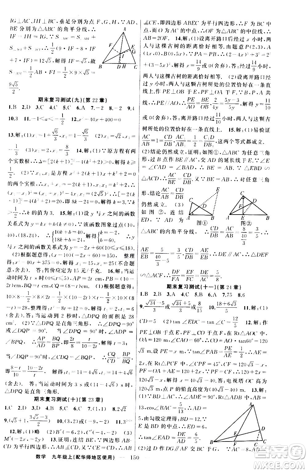 新疆青少年出版社2020秋練闖考數(shù)學九年級上華師大版參考答案