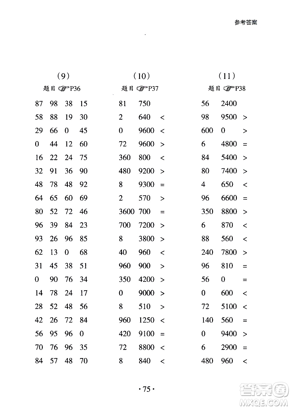 浙江教育出版社2020秋新課標小學生數(shù)學速算訓練卡三年級上冊參考答案
