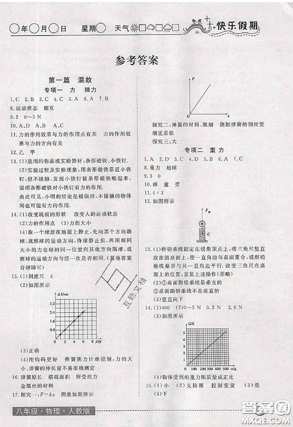 2020年黃岡測試卷系列暑假作業(yè)八年級物理人教版參考答案