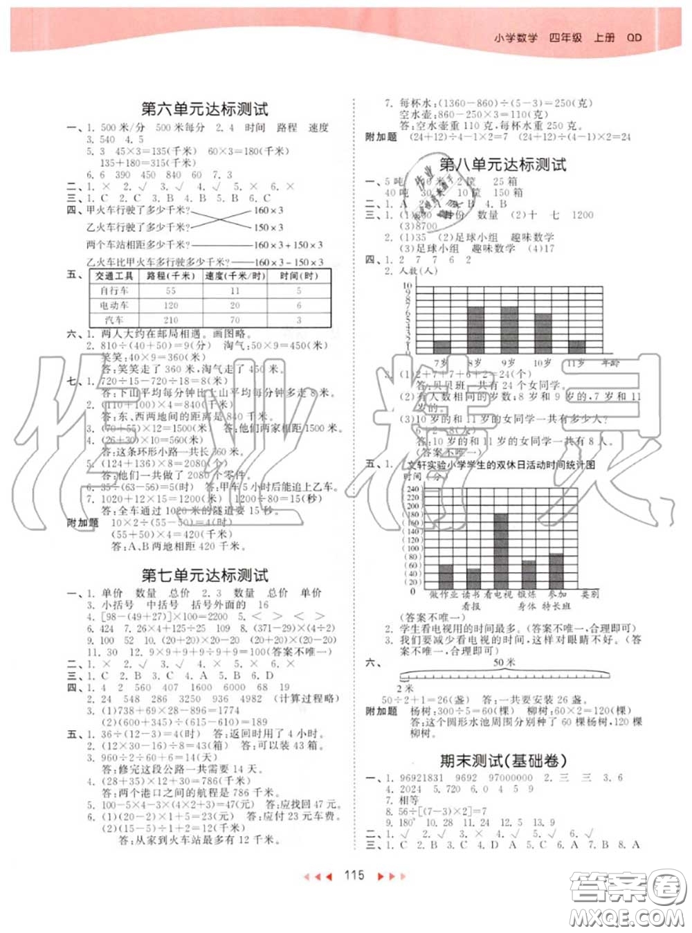 小兒郎2020秋53天天練四年級數(shù)學(xué)上冊青島版參考答案
