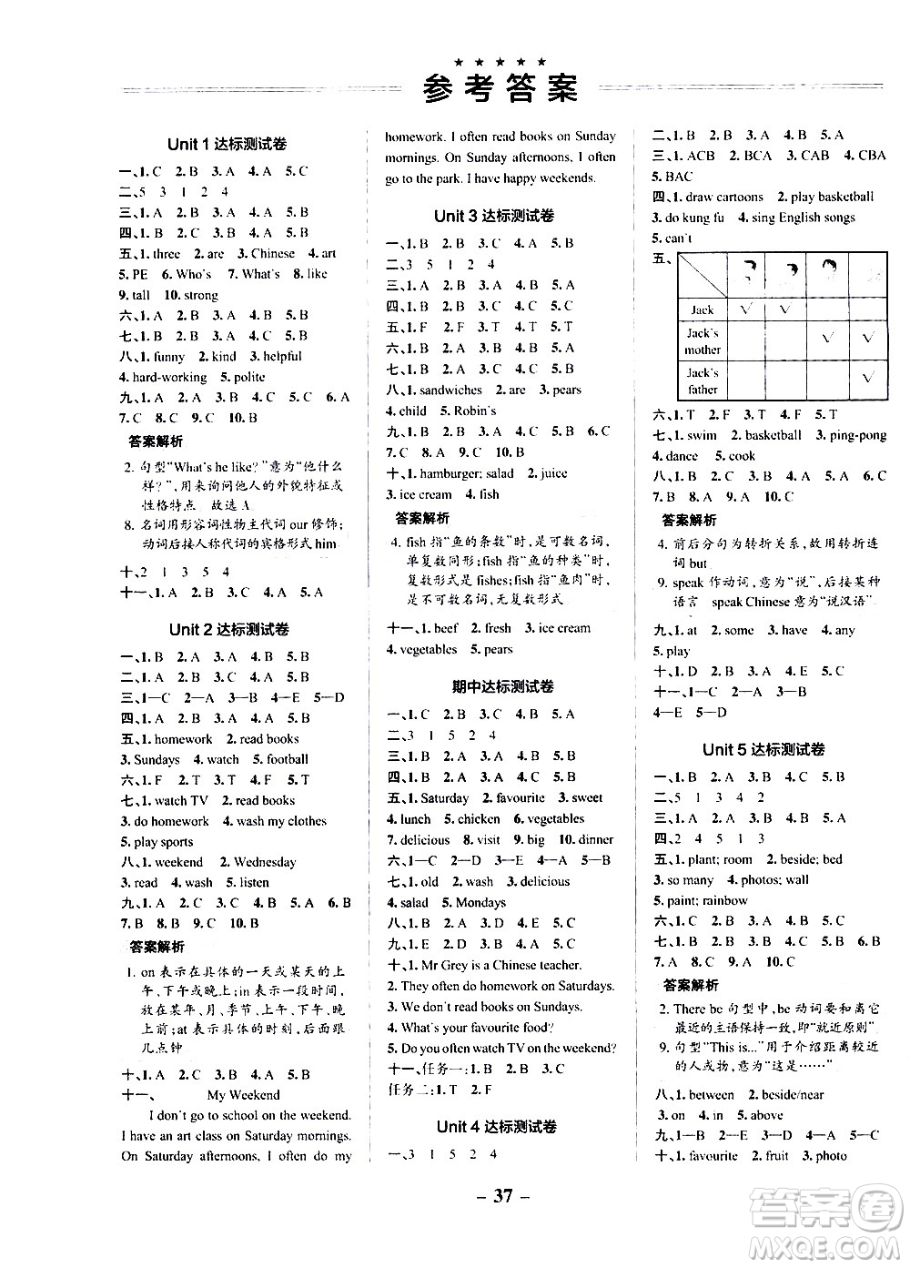 遼寧教育出版社2020秋小學(xué)學(xué)霸作業(yè)本英語五年級上RJ人教版參考答案