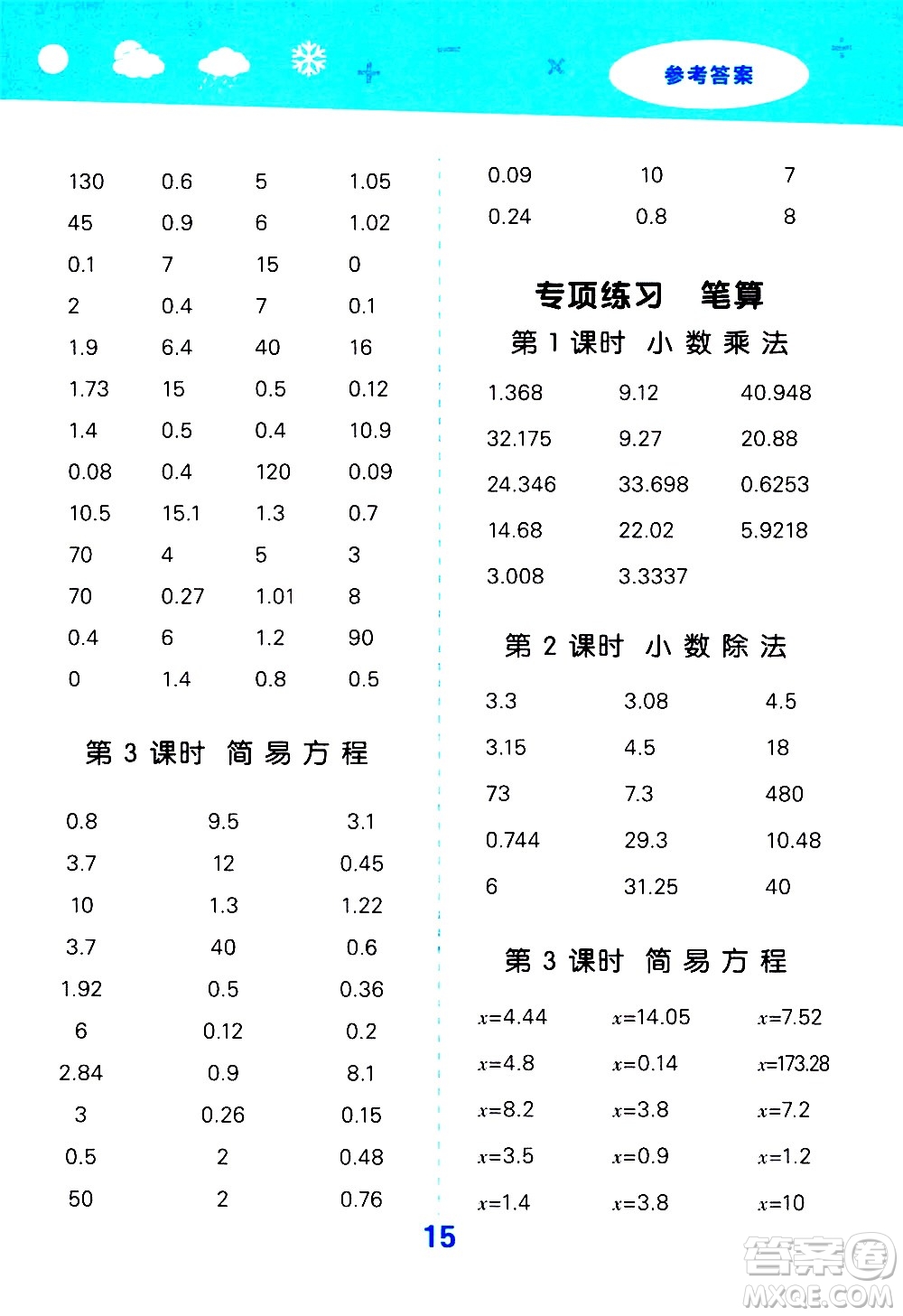 小兒郎2020秋季小學口算大通關(guān)數(shù)學五年級上冊RJ人教版參考答案
