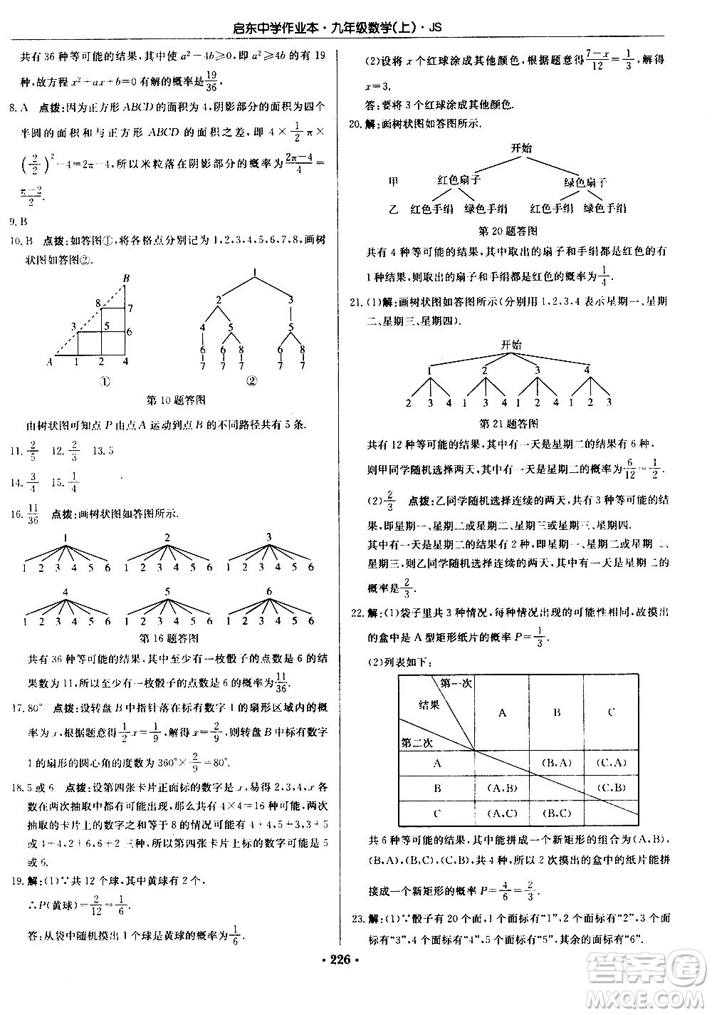 龍門書局2020秋啟東中學(xué)作業(yè)本九年級(jí)數(shù)學(xué)上冊SJ蘇教版參考答案