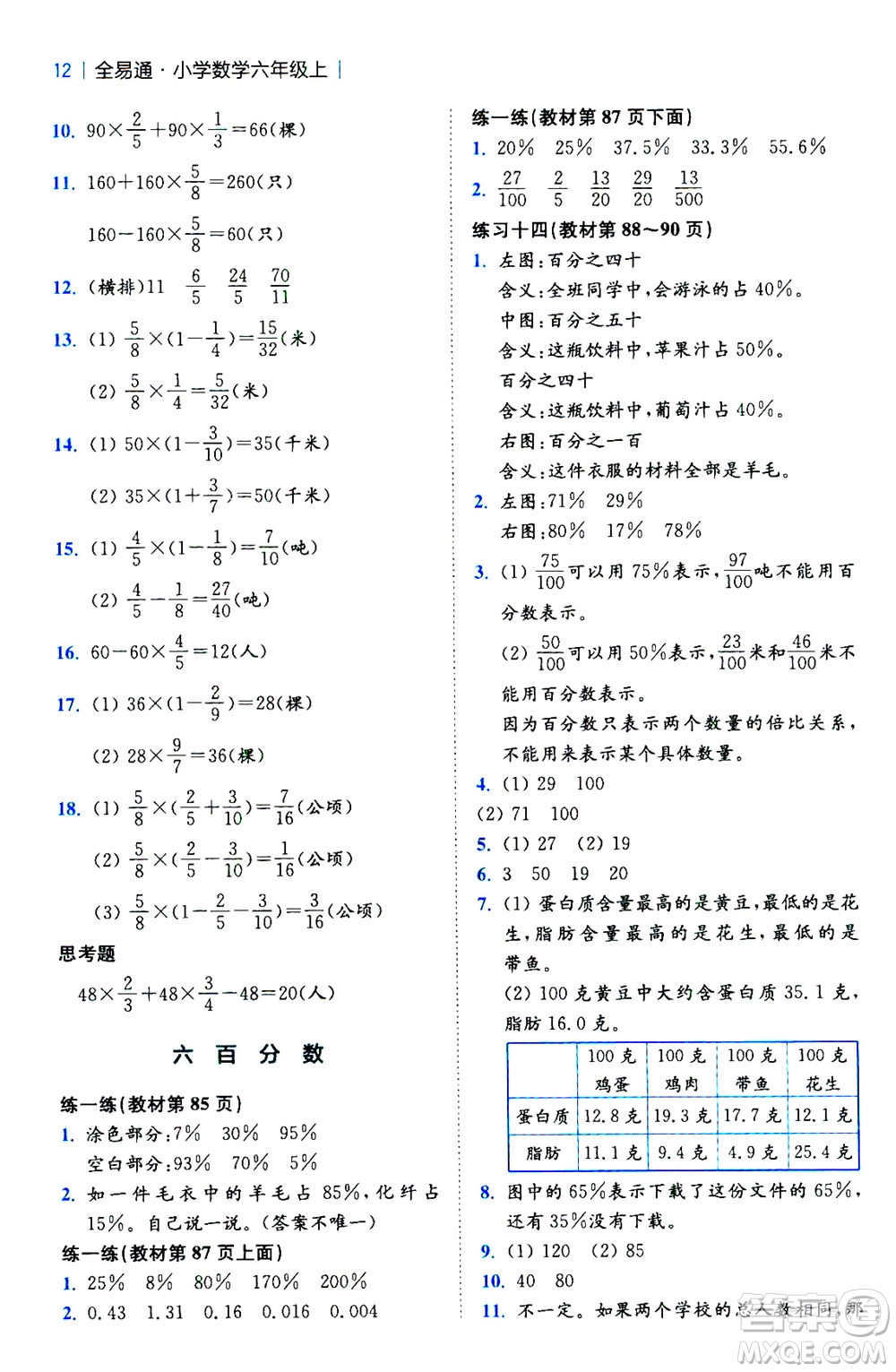 陜西師范大學(xué)出版總社2020秋全易通小學(xué)數(shù)學(xué)六年級上SJ蘇教版參考答案