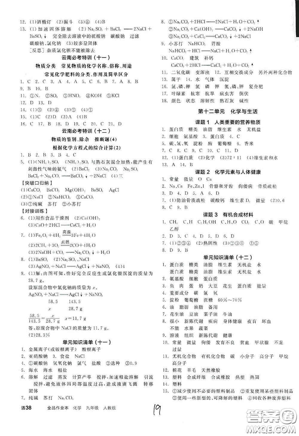 陽(yáng)光出版社2020全品作業(yè)本九年級(jí)化學(xué)新課標(biāo)人教版云南專用答案