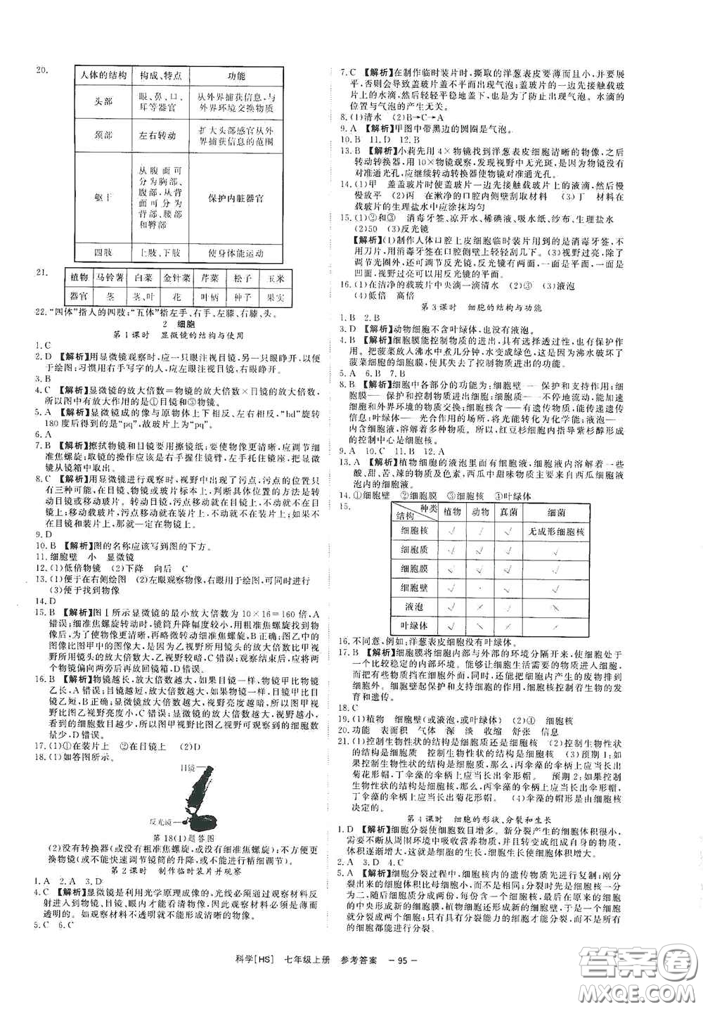2020全效學習課時提優(yōu)七年級科學上冊HS版答案