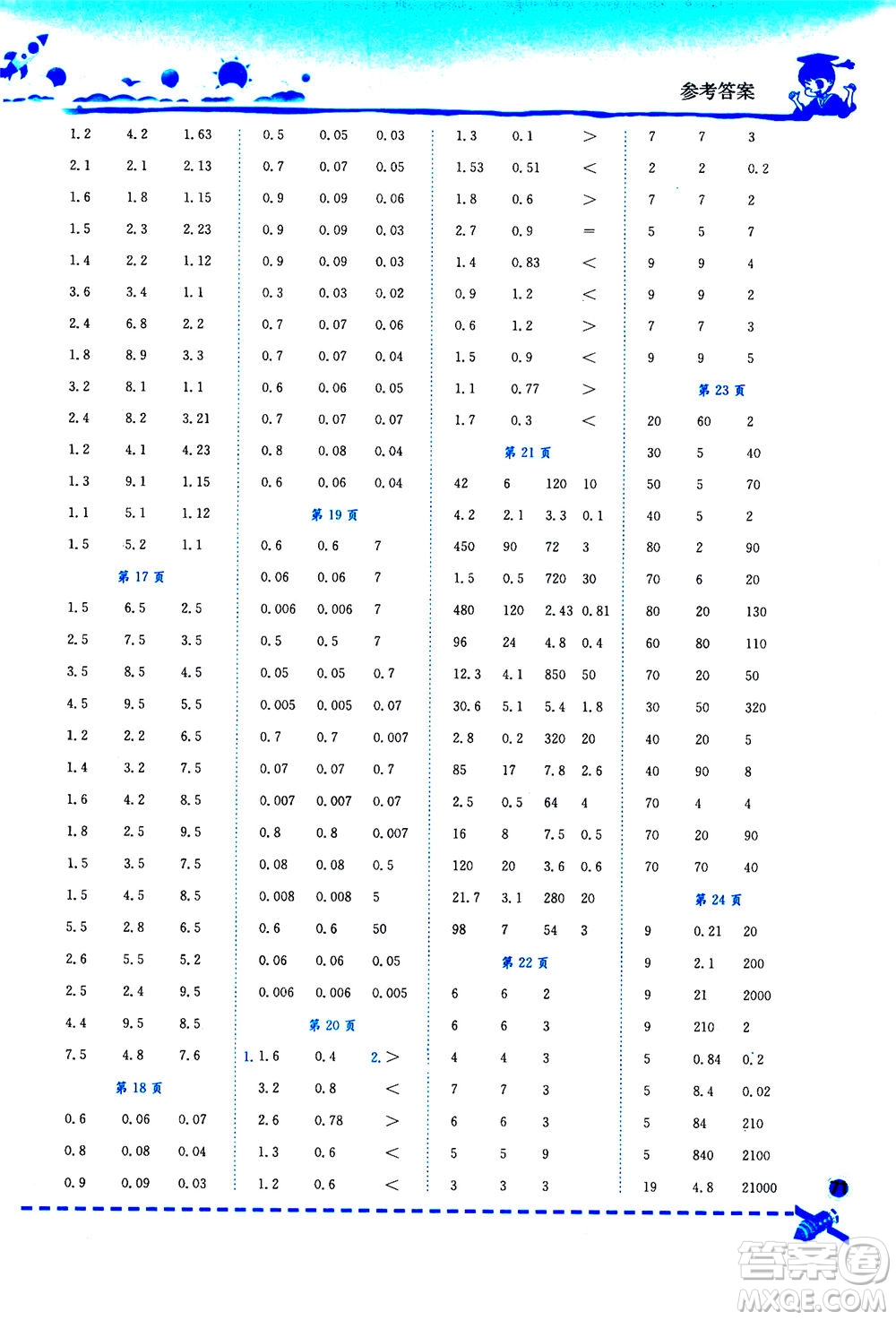 龍門書局2020秋黃岡小狀元口算速算練習(xí)冊(cè)五年級(jí)數(shù)學(xué)上R人教版參考答案