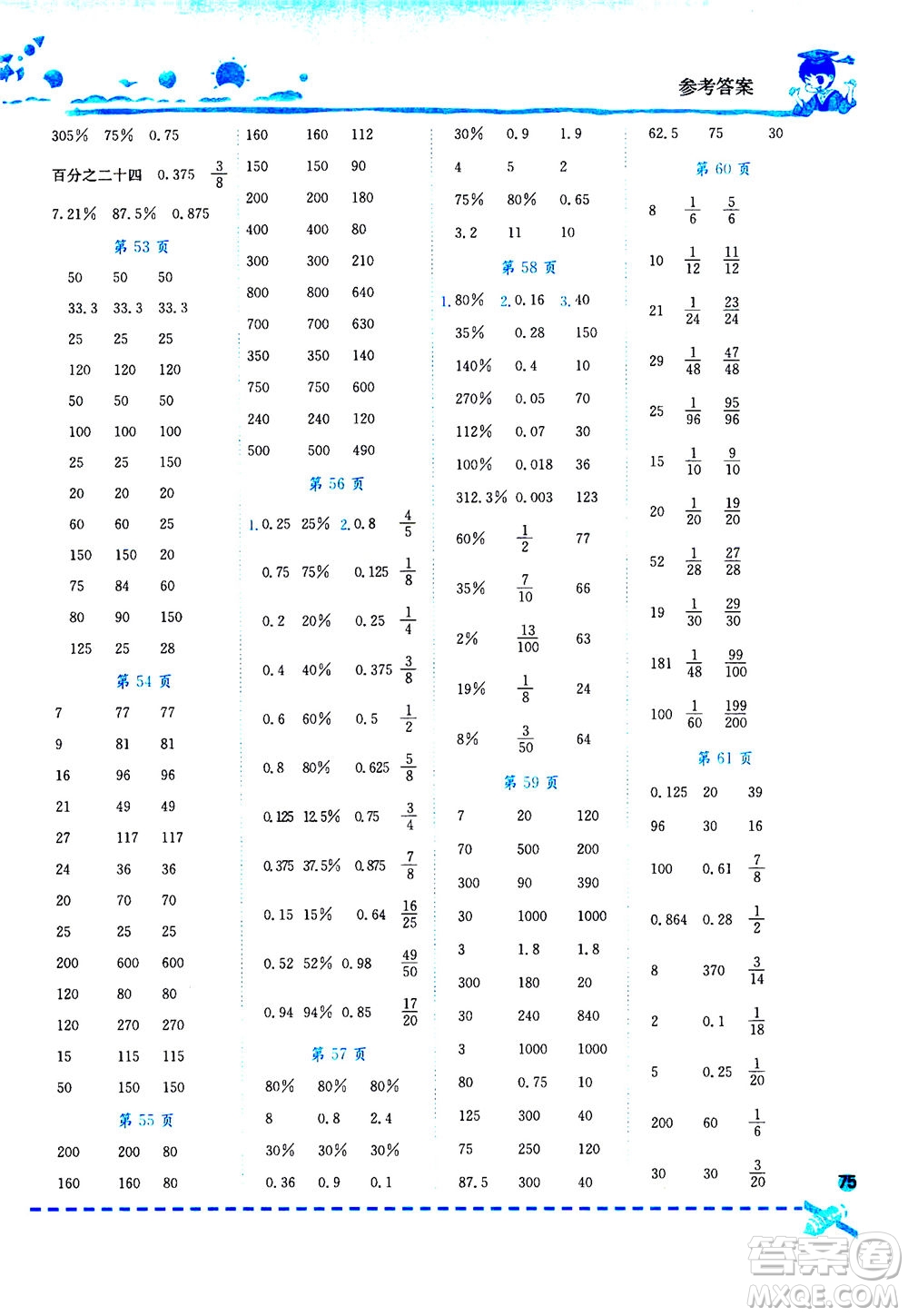 龍門(mén)書(shū)局2020秋黃岡小狀元口算速算練習(xí)冊(cè)六年級(jí)數(shù)學(xué)上R人教版參考答案