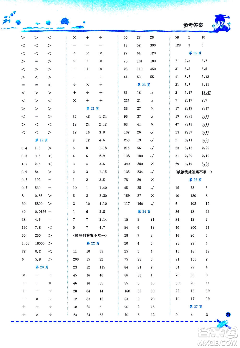 龍門書局2020秋黃岡小狀元口算速算練習(xí)冊(cè)五年級(jí)數(shù)學(xué)上BS北師版參考答案