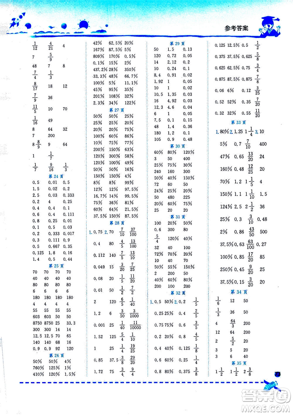 龍門書局2020秋黃岡小狀元口算速算練習(xí)冊六年級數(shù)學(xué)上BS北師版參考答案