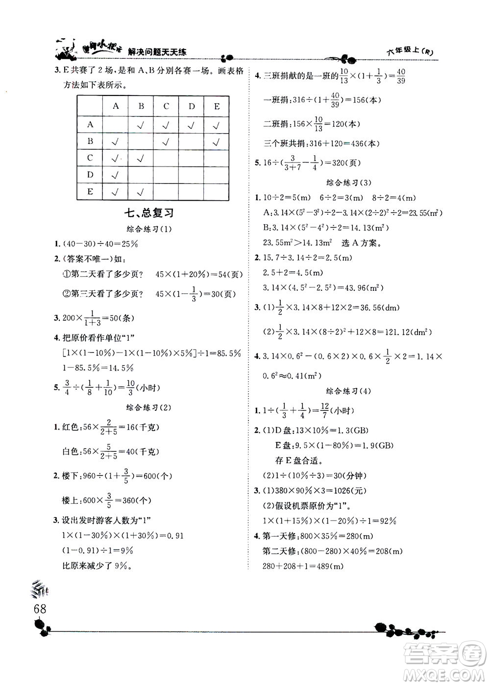龍門(mén)書(shū)局2020秋黃岡小狀元解決問(wèn)題天天練六年級(jí)上R人教版參考答案