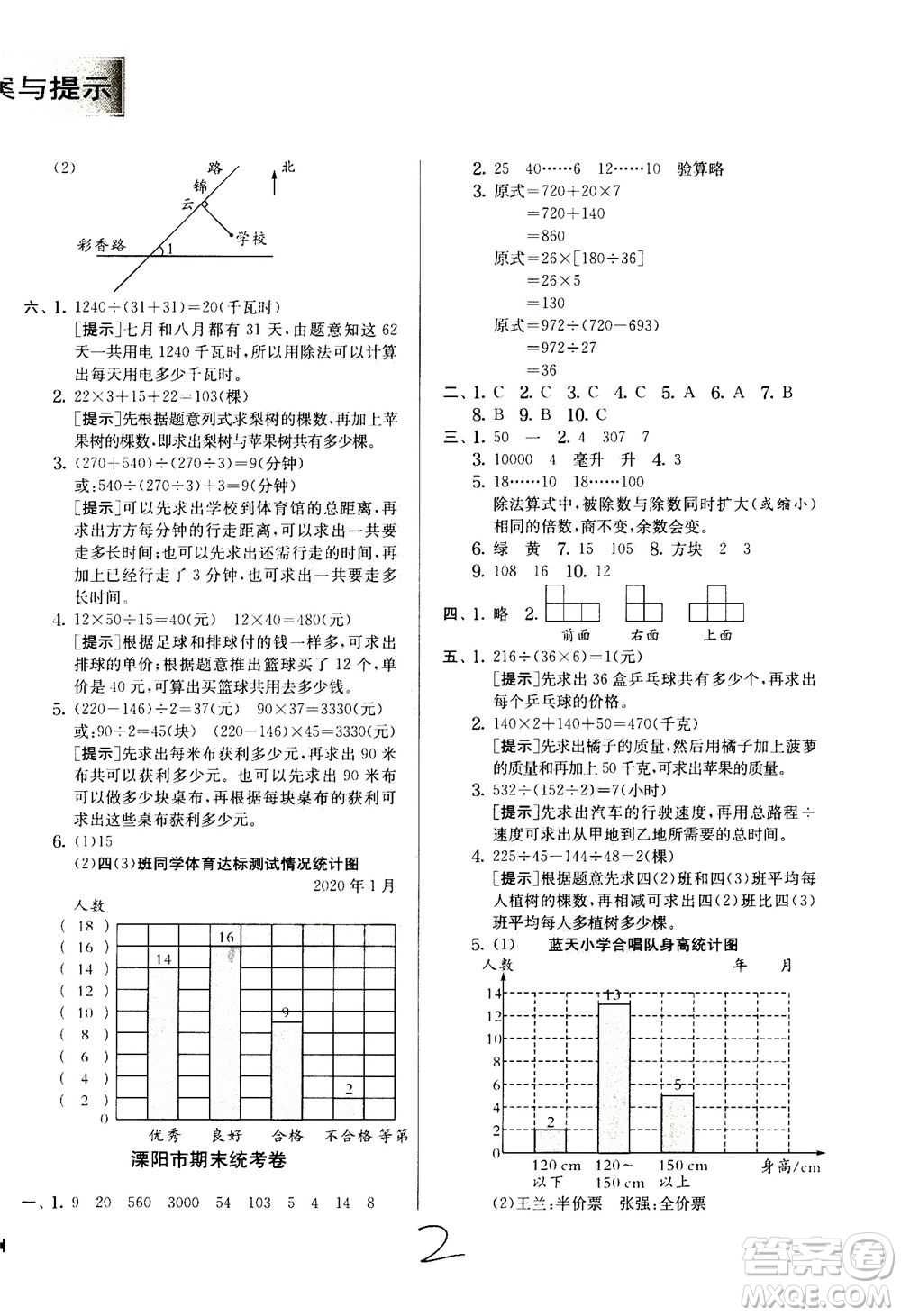 江蘇人民出版社2020秋實驗班提優(yōu)訓練數(shù)學四年級上JSJY江蘇教育版參考答案