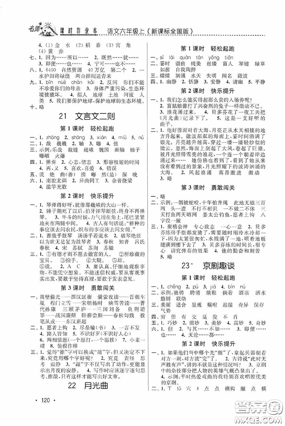 東南大學出版社2020名師點撥課時作業(yè)本六年級語文上冊全國版答案