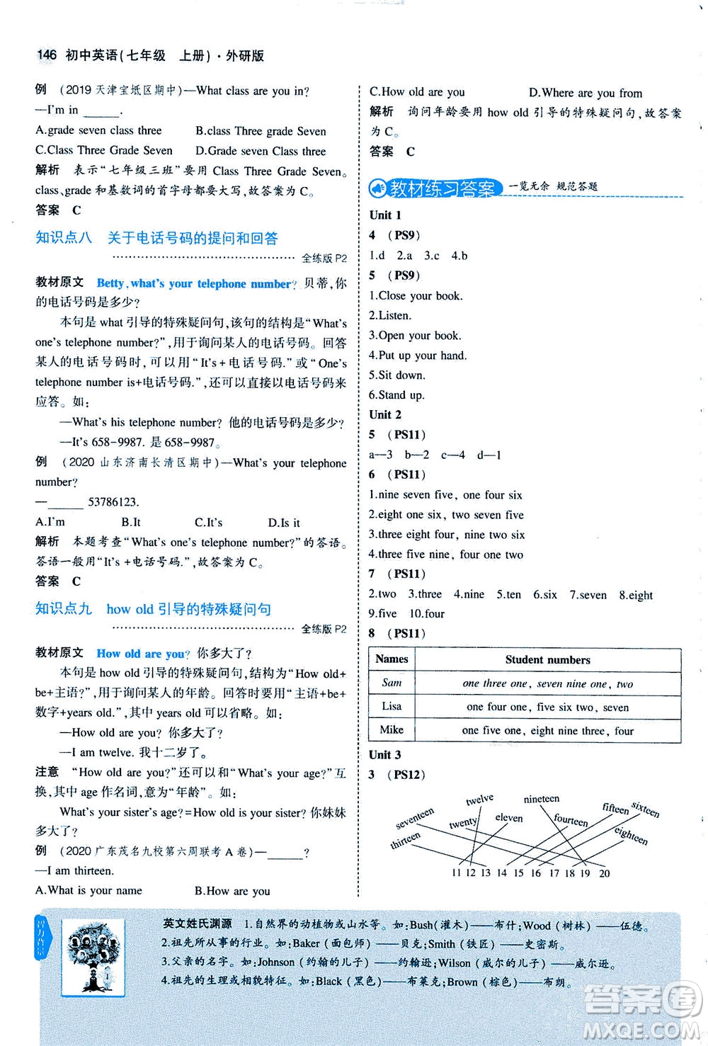 教育科學(xué)出版社2020秋5年中考3年模擬全解版初中英語七年級上冊外研版參考答案