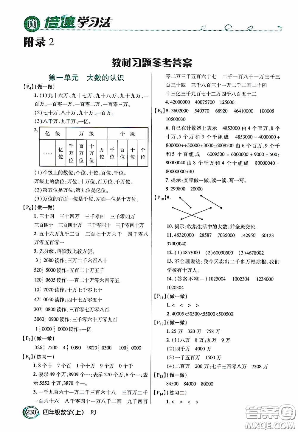 開明出版社2020萬向思維倍速學習法四年級數(shù)學上冊人教版答案