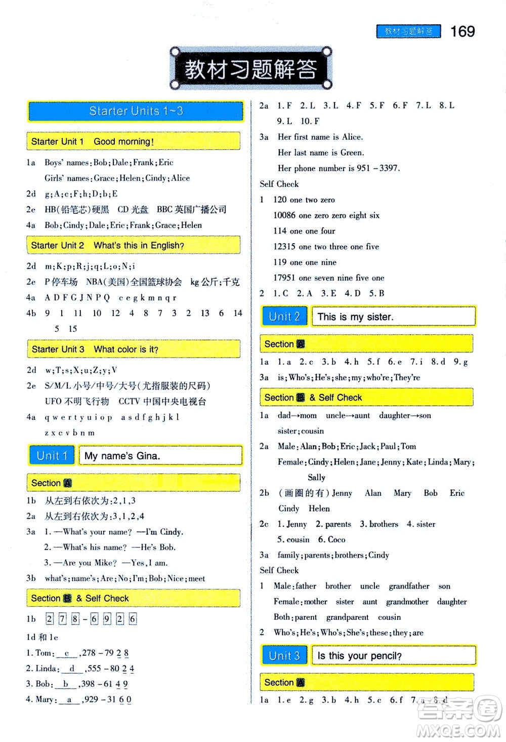 2020秋王后雄初中教材完全解讀七年級上冊英語RJYY人教版參考答案