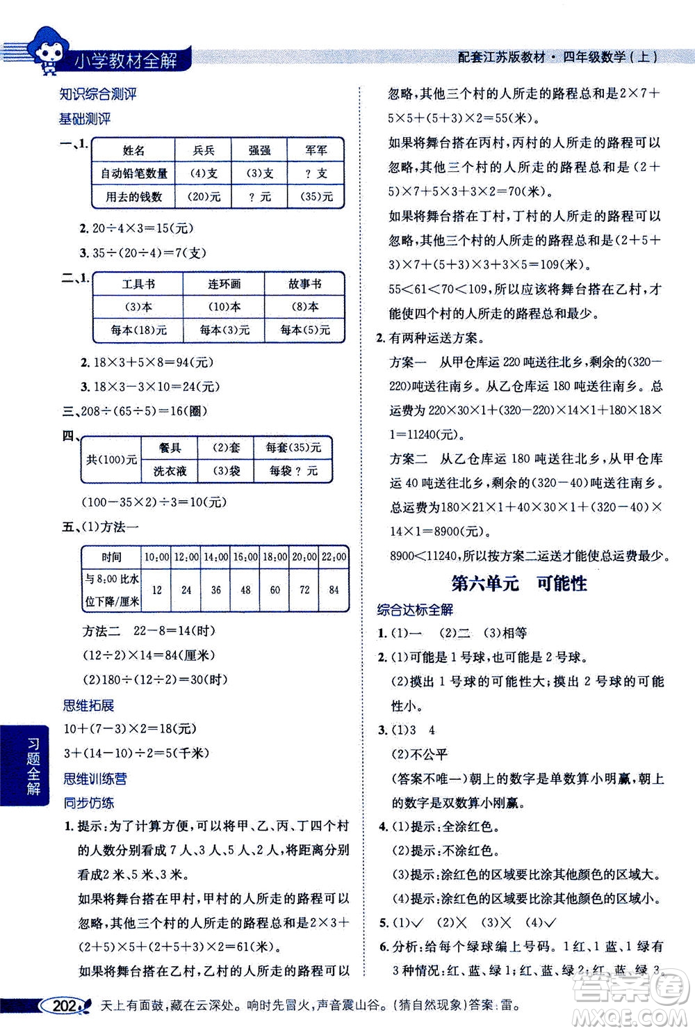 2020秋薛金星小學(xué)教材全解四年級(jí)上冊(cè)數(shù)學(xué)江蘇版參考答案