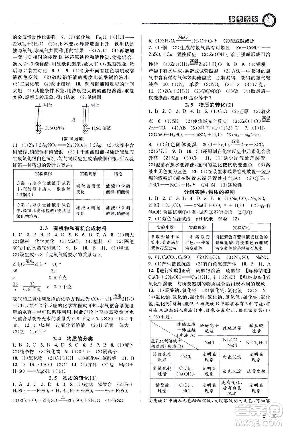 2020秋教與學(xué)課程同步講練九年級(jí)科學(xué)全一冊(cè)浙教版參考答案