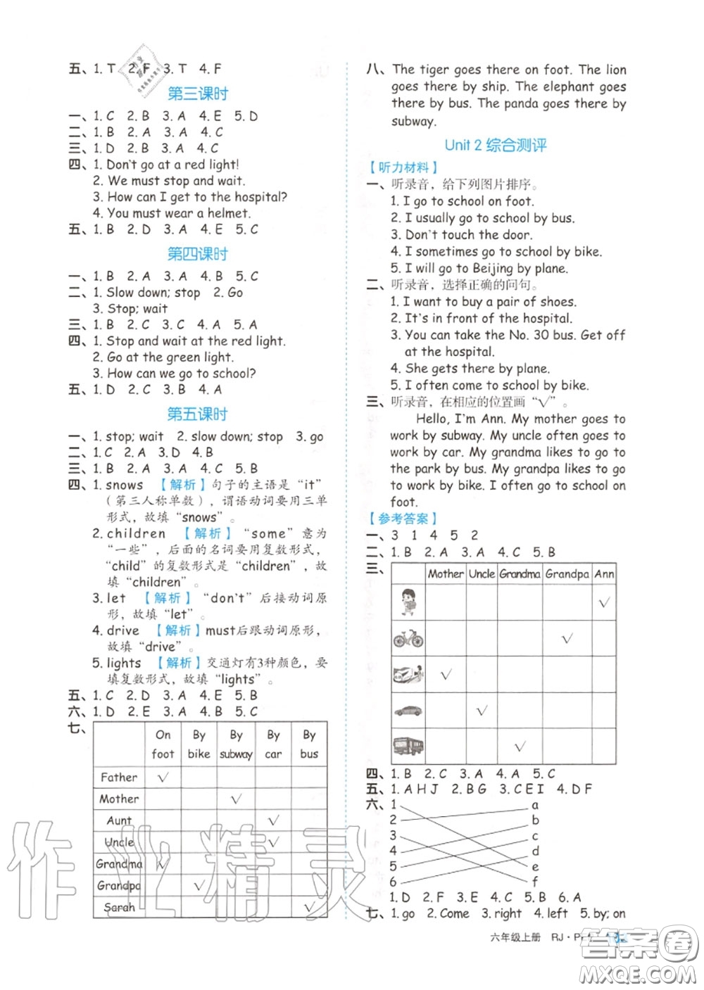 天津人民出版社2020秋全品作業(yè)本六年級(jí)英語(yǔ)上冊(cè)人教版答案
