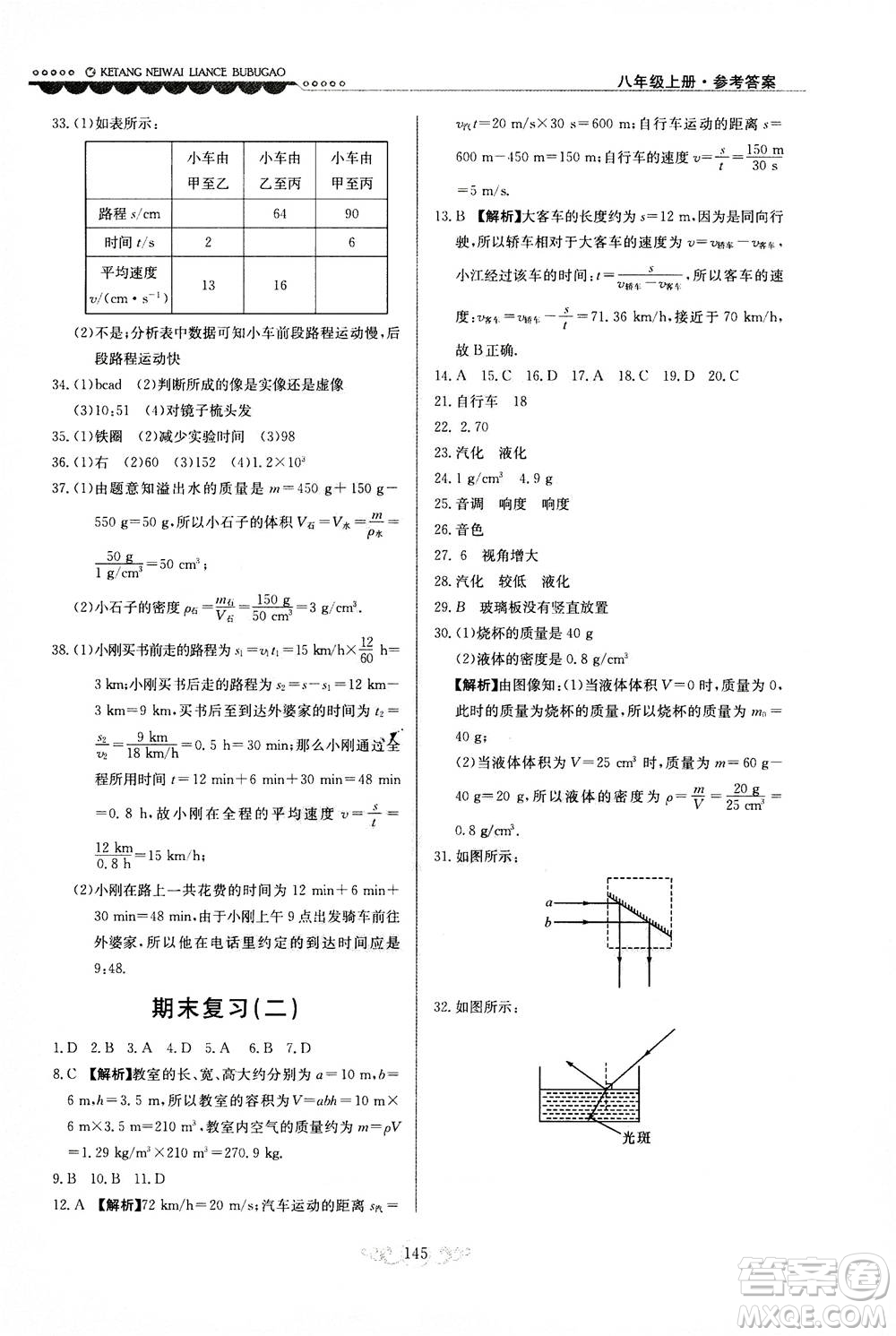 河北美術出版社2020秋課堂內(nèi)外練測步步高物理八年級上冊北師大版參考答案