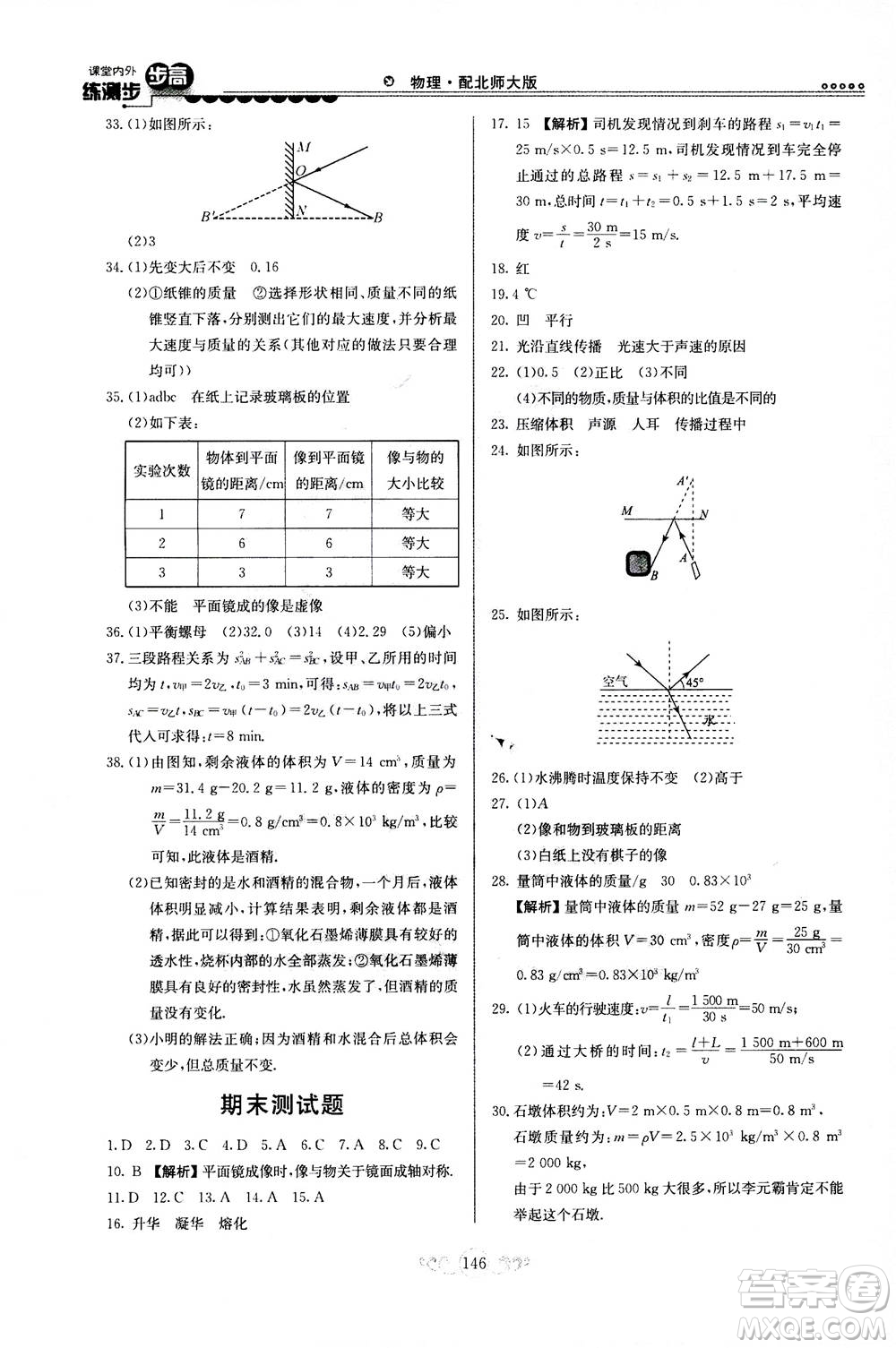 河北美術出版社2020秋課堂內(nèi)外練測步步高物理八年級上冊北師大版參考答案