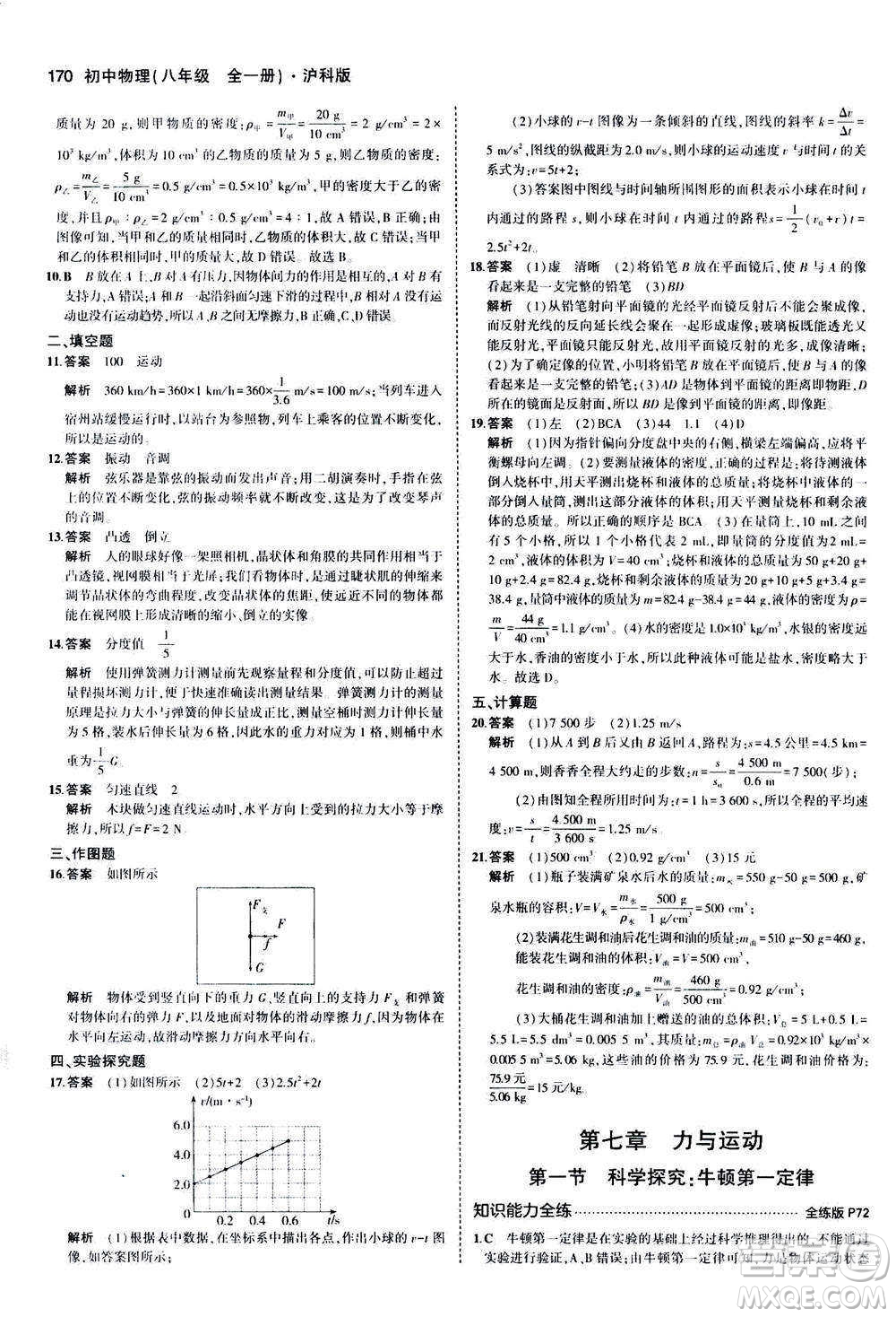 2020秋5年中考3年模擬全練版初中物理八年級(jí)全一冊(cè)滬科版參考答案