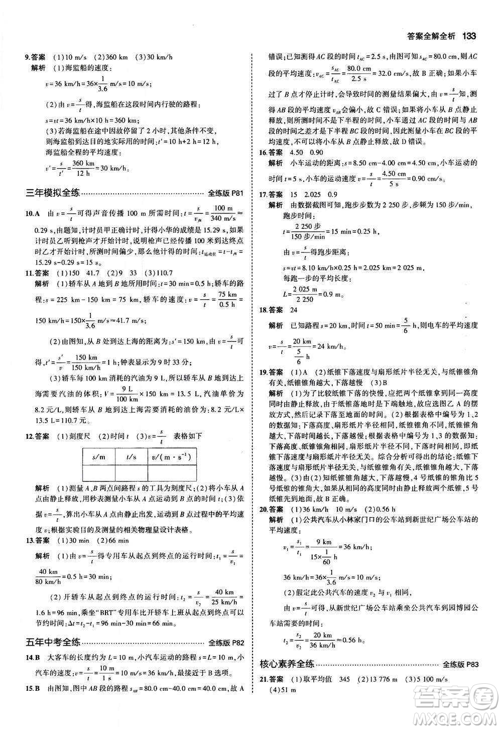 2020秋5年中考3年模擬全練版全解版初中物理八年級(jí)上冊(cè)蘇科版參考答案