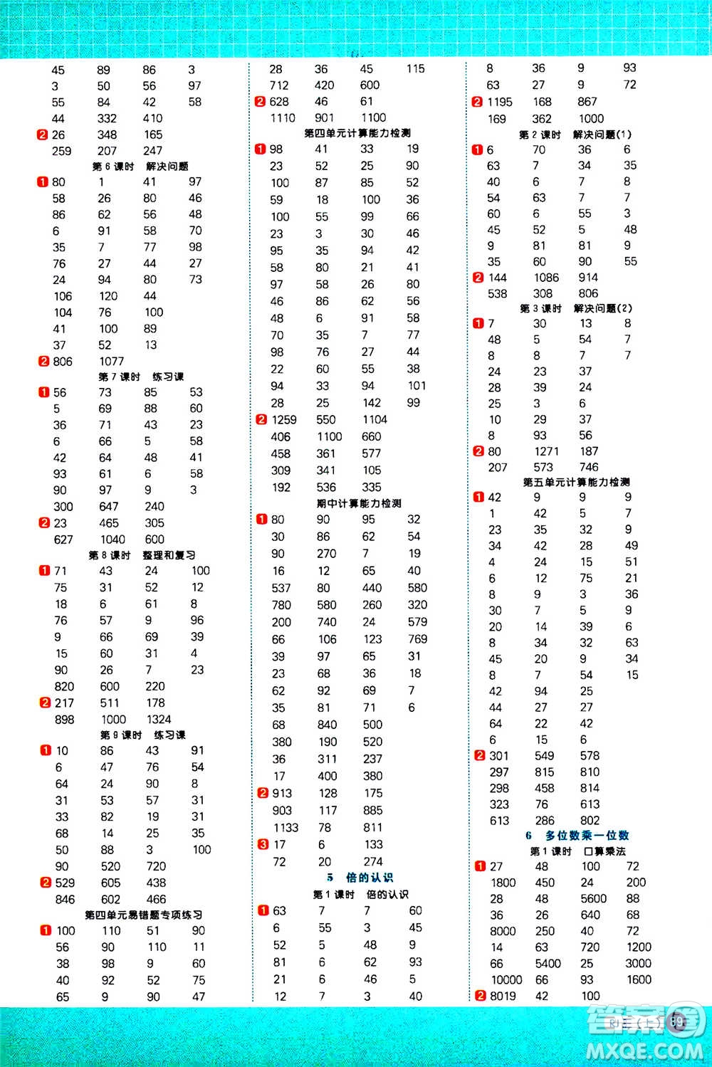 江西教育出版社2020年陽光同學計算小達人數學三年級上冊RJ人教版參考答案