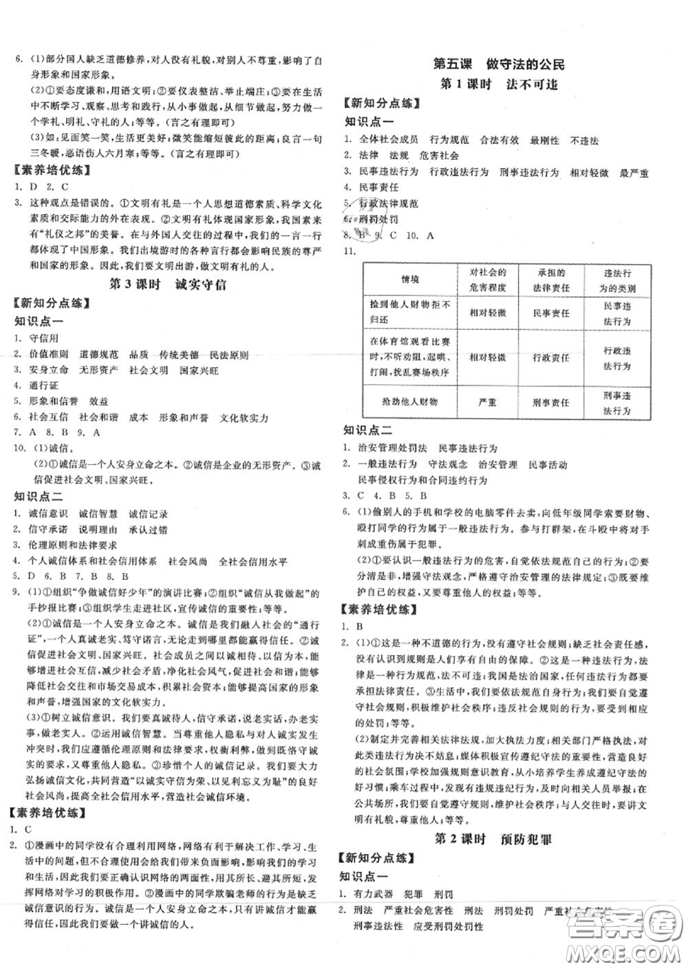 陽光出版社2020秋全品作業(yè)本八年級道德與法治上冊人教版答案