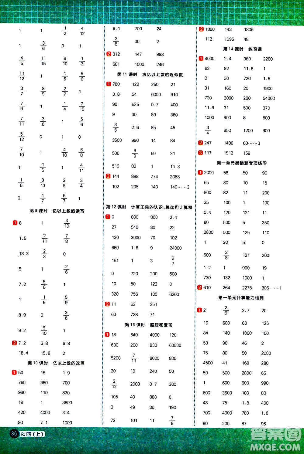 江西教育出版社2020年陽光同學計算小達人數(shù)學四年級上冊RJ人教版參考答案
