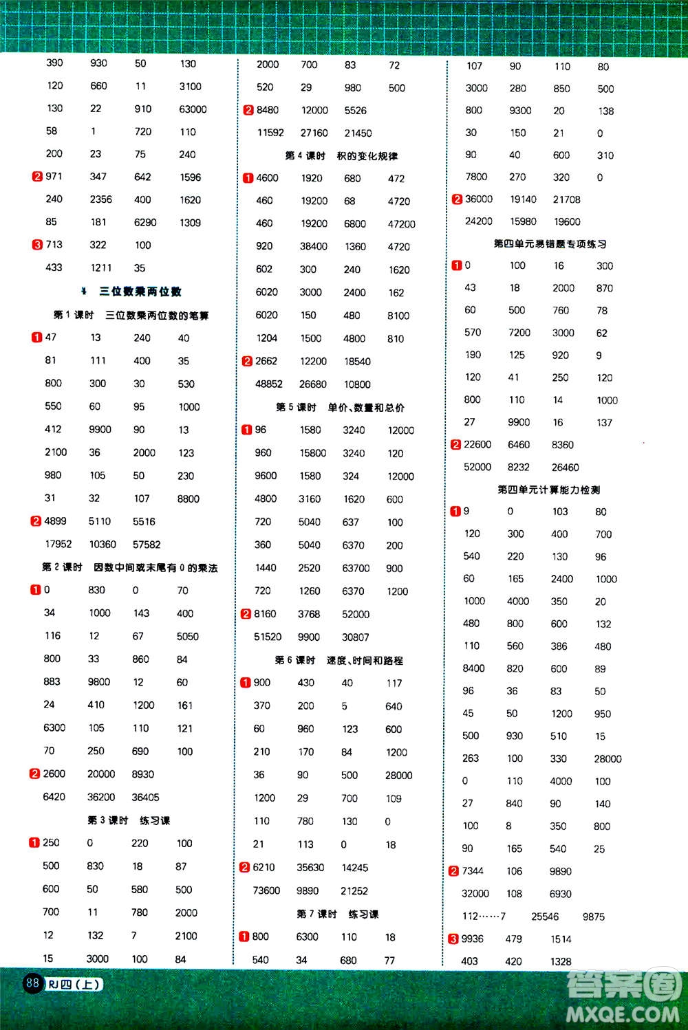 江西教育出版社2020年陽光同學計算小達人數(shù)學四年級上冊RJ人教版參考答案