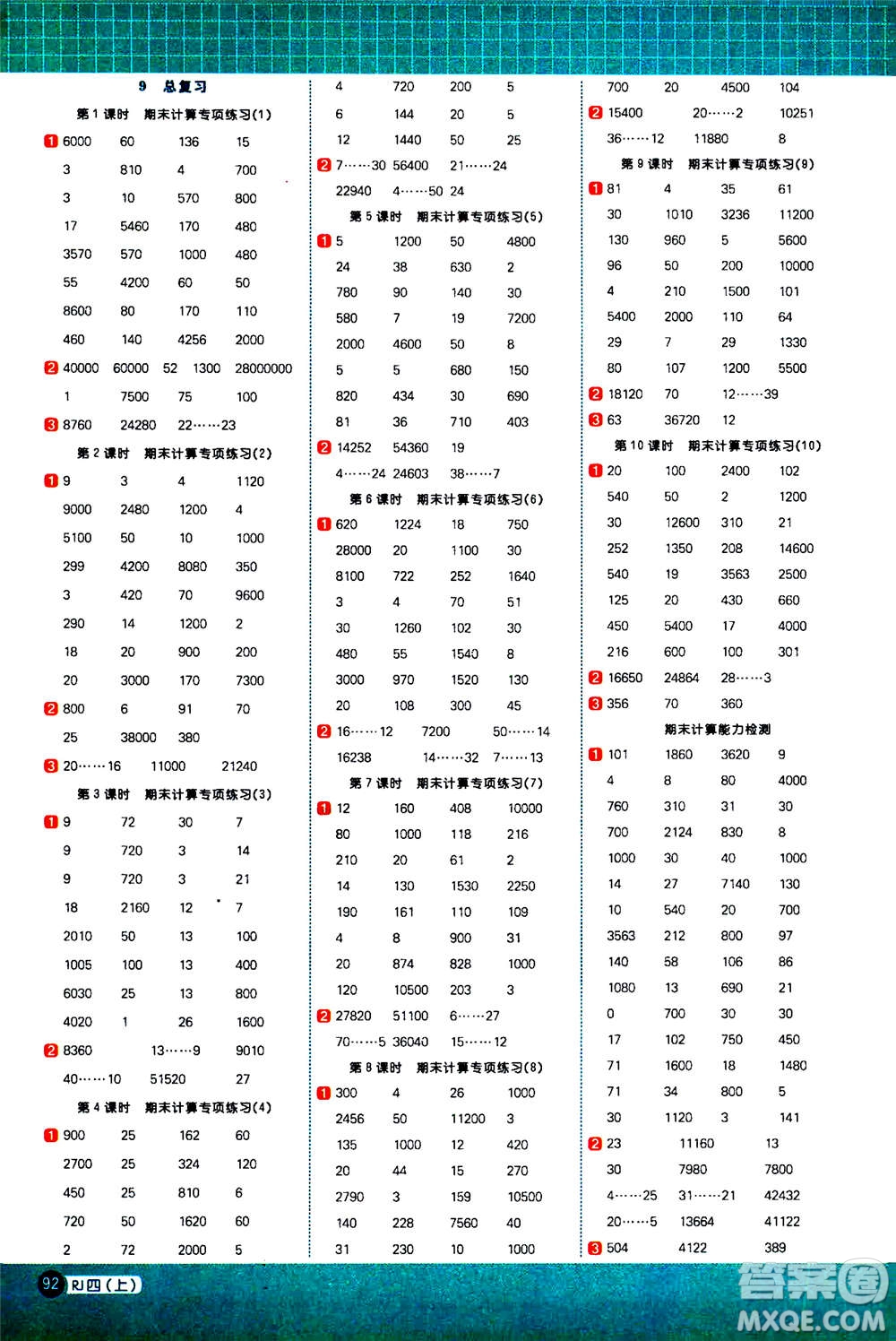 江西教育出版社2020年陽光同學計算小達人數(shù)學四年級上冊RJ人教版參考答案