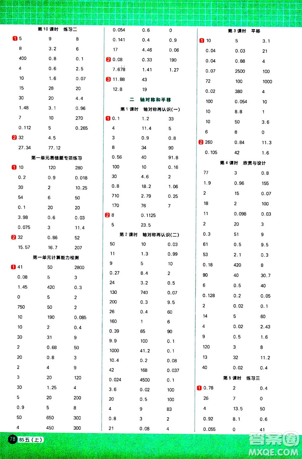江西教育出版社2020年陽(yáng)光同學(xué)計(jì)算小達(dá)人數(shù)學(xué)五年級(jí)上冊(cè)BS北師版參考答案