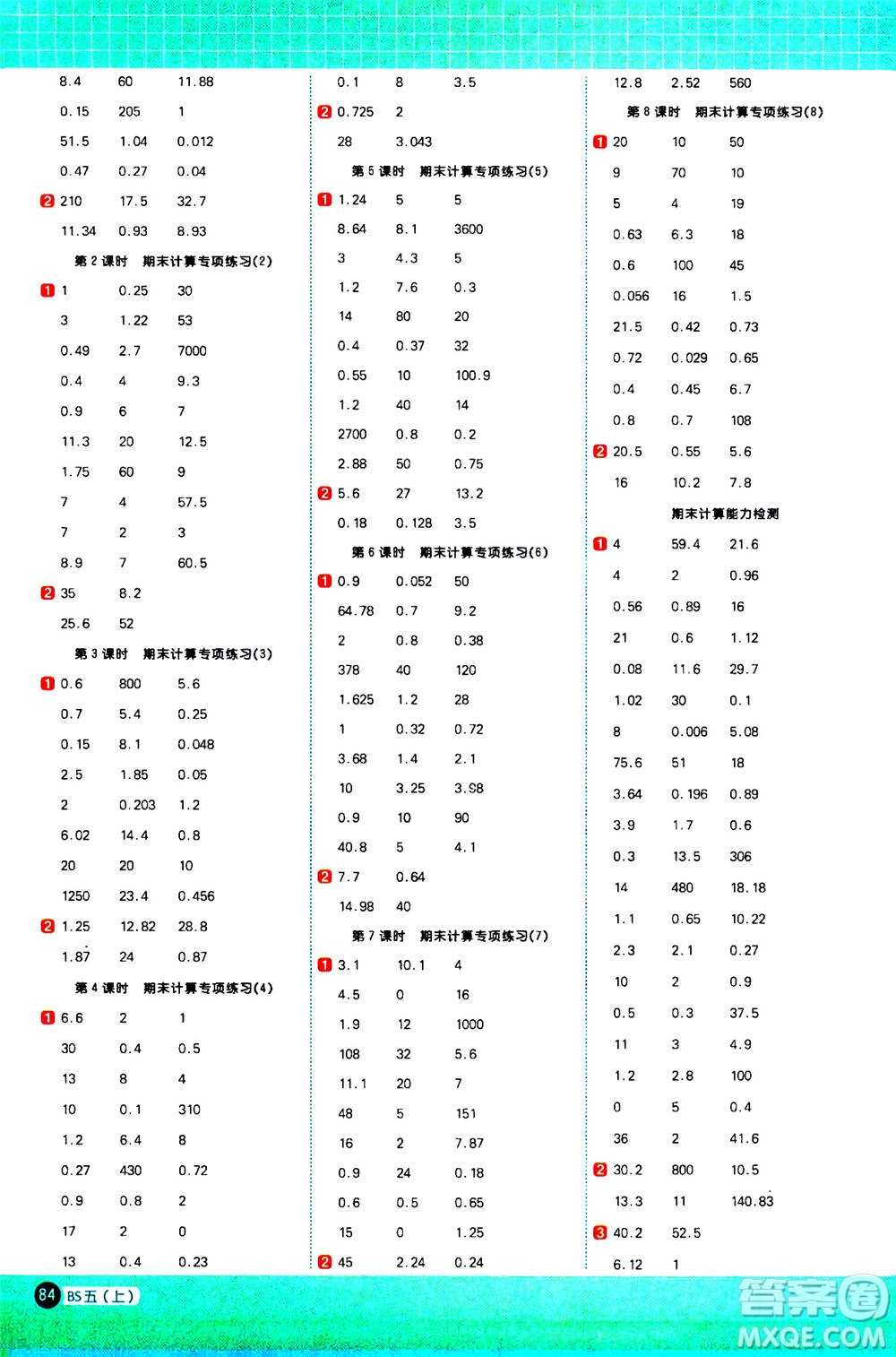 江西教育出版社2020年陽(yáng)光同學(xué)計(jì)算小達(dá)人數(shù)學(xué)五年級(jí)上冊(cè)BS北師版參考答案