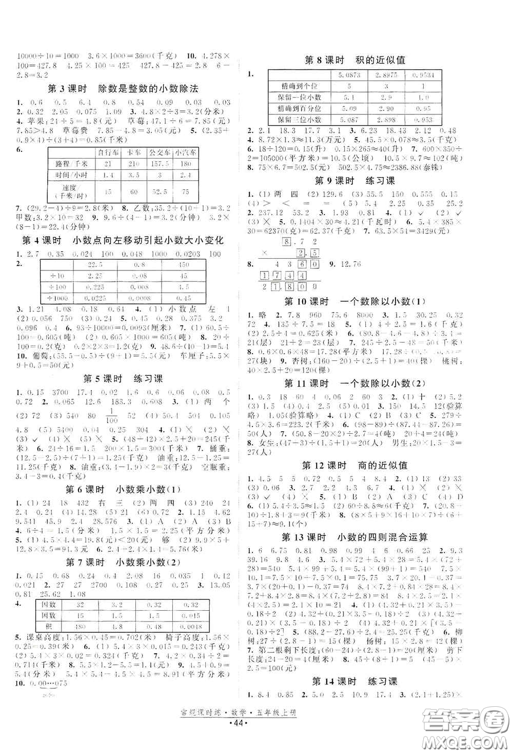 福建人民出版社2020常規(guī)課時練五年級數(shù)學(xué)上冊蘇教版答案