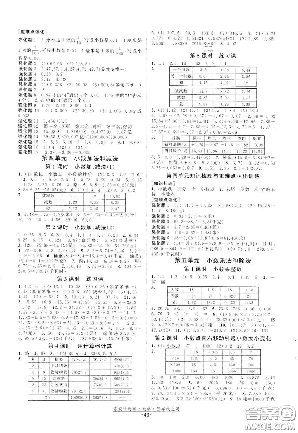 福建人民出版社2020常規(guī)課時練五年級數(shù)學(xué)上冊蘇教版答案