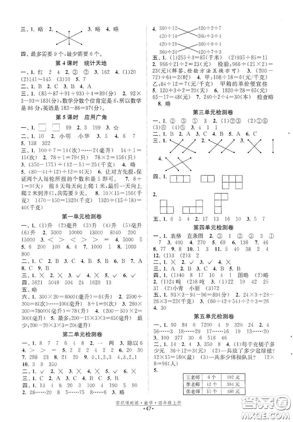 福建人民出版社2020常規(guī)課時練四年級數學上冊蘇教版答案